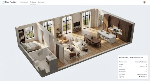 Photorealistic 3D dollhouse architectural floor plan render viewed from a high isometric angle. The cutaway walls reveal a furnished luxury open-concept layout featuring wide-plank white oak hardwood floors, a spacious chef kitchen with a calacatta marble waterfall island, contemporary mid-century modern furniture in neutral linen tones, floor-to-ceiling black steel casement windows, and warm sunbeams casting soft diffuse directional shadows across the living room.