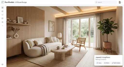 Photorealistic redesigned Japandi living room with pale fluted wood paneling, cream low-profile curved linen sofa, solid travertine pill-shaped coffee table, diffused warm cove LED lighting, structural ceiling beams, and serene indoor ficus plant.