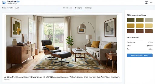 Mid century modern living space featuring walnut credenza, iconic molded plywood lounger, mustard accent pillows, tapered dowel peg legs, and geometric olive wall art.