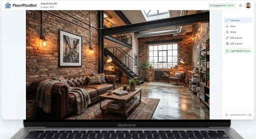 Industrial loft room with exposed aged brick masonry, blackened steel I-beams, distressed leather chesterfield couch, concrete polished floor, and Edison bulb sconces.