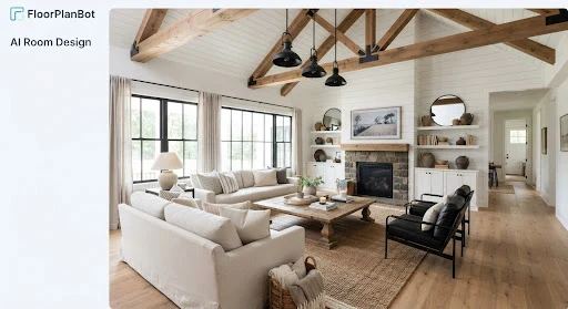 Modern farmhouse living interior with shiplap feature wall, rough sawn cedar ceiling timber trusses, black iron light pendants, and comfortable ivory linen deep slipcovered couches.