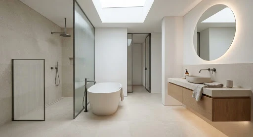A minimalist architectural spa bathroom featuring a seamless curbless wet room with limestone slabs, free-standing oval soaking tub, frameless fluted glass partition, wall-mounted matte graphite dual faucets, floating oak vanity with backlit mirror, and skylight casting soft natural illumination.