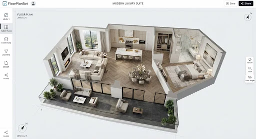 Photorealistic 3D architectural dollhouse render matching a modern luxury floor plan. Top-down angled cutaway view with clean perimeter walls. The interior features chevron white oak hardwood flooring, an expansive kitchen with veined white marble countertops and brass pendant fixtures, a designer sofa with textured throw blankets in the great room, fully appointed bedroom with plush area rug, and an outdoor loggia with slate tile and lounge seating.