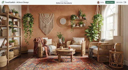Bohemian chic lounge with woven rattan armchairs, layered Moroccan kilim rugs, trailing pothos plants, warm terracotta limewash walls, and macrame accents.