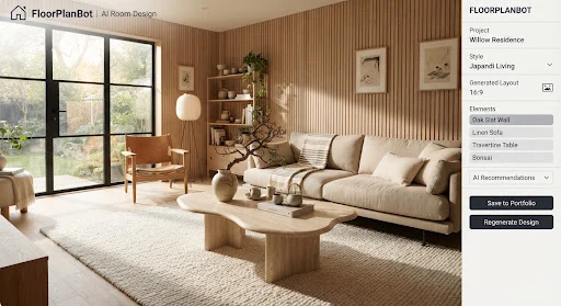 Warm Japanese Scandinavian interior living space with pale oak slat walls, low linen sofa, soft daylight, cream travertine coffee table, and an architectural bonsai branch on an ivory textured rug.