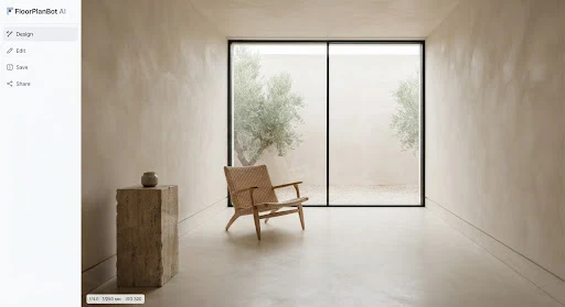 Ultra minimalist room interior with seamless micro-cement plaster walls, recessed flush baseboards, solitary monolithic stone plinth, and singular architectural armchair.