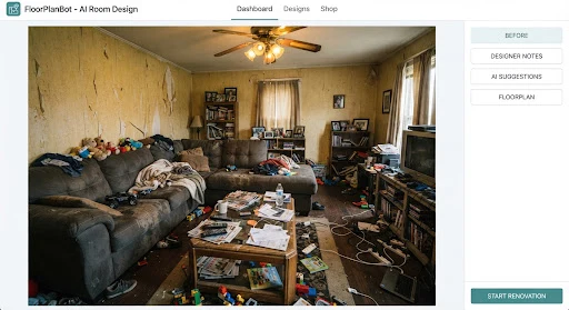 Authentic unorganized messy family living room with cluttered coffee table, peeling yellow wallpaper, worn dark microfiber sofa, scattered electric cords, and dull ceiling fan light before AI renovation.