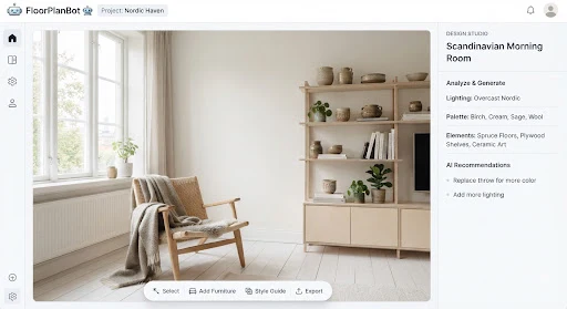 Bright airy Scandinavian room with white washed spruce floorboards, wool throw, blonde birch plywood shelving, diffused overcast Nordic morning light, and ceramic vessels.