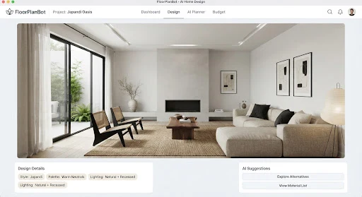A sprawling modern Japandi living room featuring a flush micro-cement fireplace, low-profile oatmeal-colored sectional, floor-to-ceiling glass sliding doors with sheer linen curtains, wide plank white oak floors, recessed architectural slot lighting, high visual contrast and calm natural luxury aesthetics.
