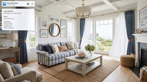 Hamptons coastal living room with bleached sea salt wood coffee table, striped nautical linen sofa, crisp sea breeze sheer curtains, and warm weathered brass hardware.