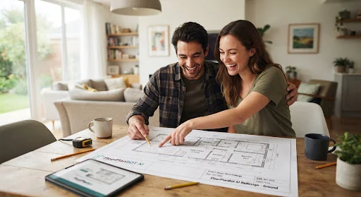 Couple sitting together at a bright dining table reviewing newly printed floor plan blueprints with smiles and excitement