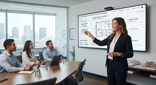 Architect giving a clear design presentation with architectural drawings on a modern conference room display screen