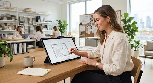 Interior designer in an airy modern studio working on furniture placement annotations on a digital studio schematic